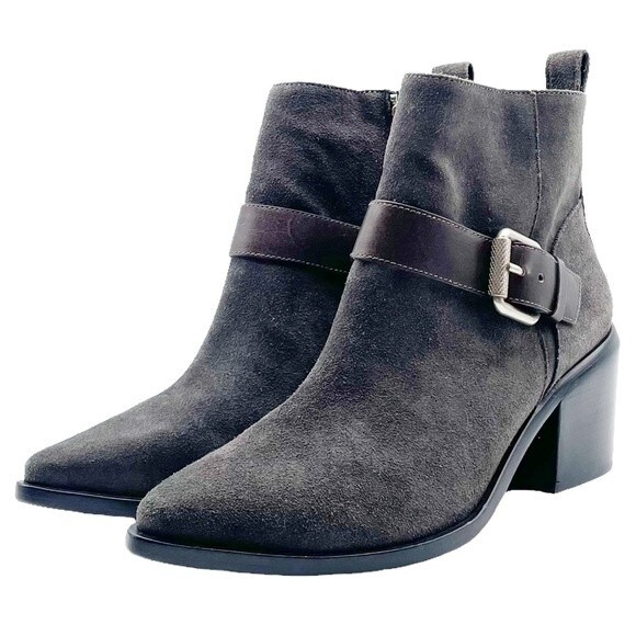 NWT AllSaints Jason Boot Charcoal Gray Suede Buckle Ankle Bootie Women’s Size 9 - Picture 1 of 16